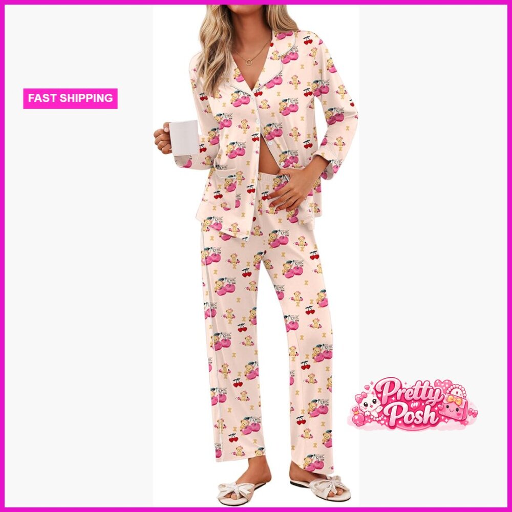 Polyester-Spandex Pajama Set with Button Down Shirt and Pockets